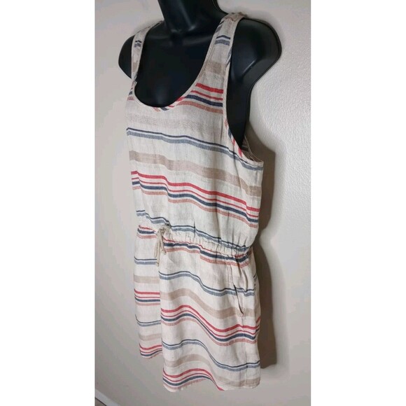 Hinge Women Dress Beige Striped 100% Linen Sleeveless Mini Waist Drawstring Sz 1 - Picture 3 of 11